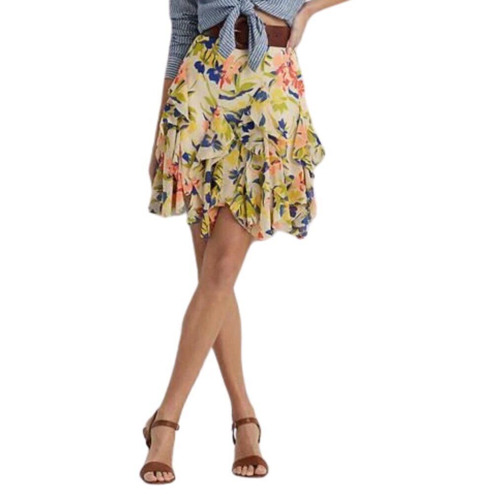 NWT Lauren Ralph Lauren Floral Ruffle Trim Georgette Mini Skirt in Cream Multi